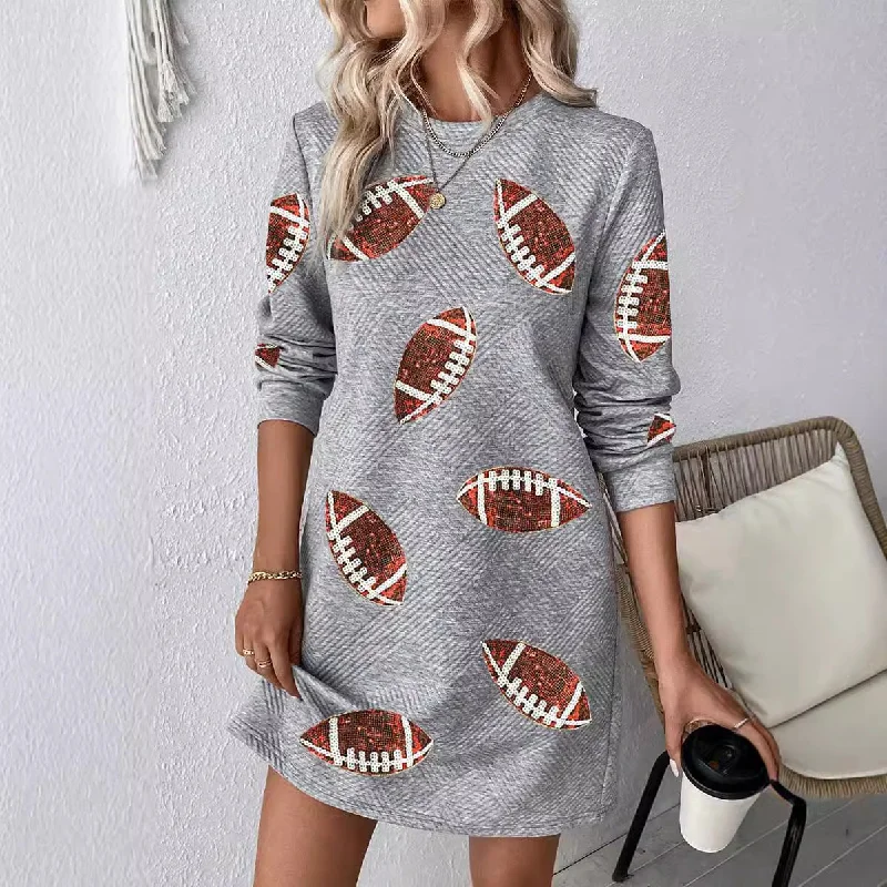 fitted cocktail dressWomen's Rugby Printed Long Sleeve Round Neck Pullover Dress