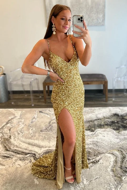 casual shift dressStraps Gold Sequin Mermaid Long Formal Dress