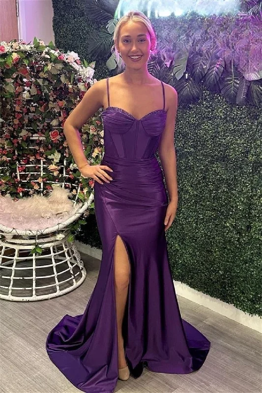 A-line dressGrape Mermaid Straps Beaded Satin Long Prom Dress with Slit