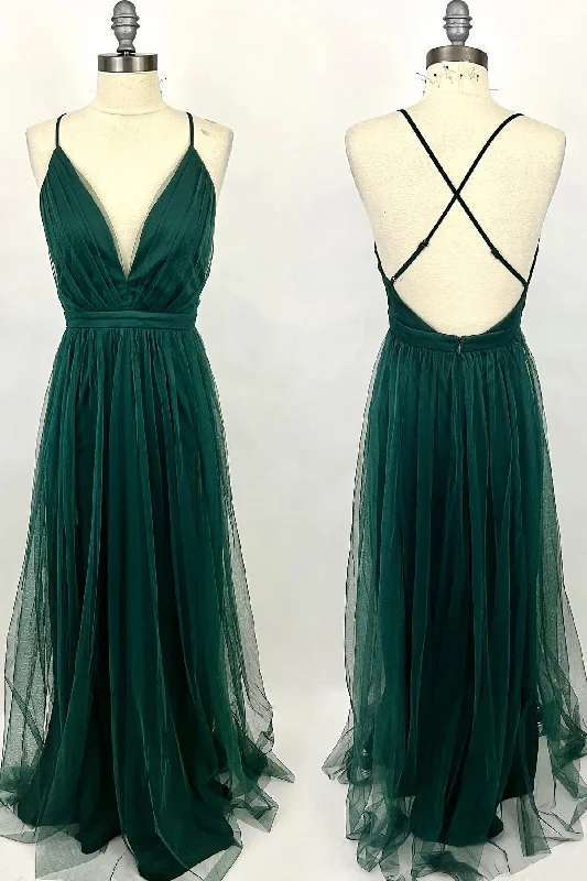 ruched dressStraps Dark Green Tulle A-line Full Length Bridesmaid Dress