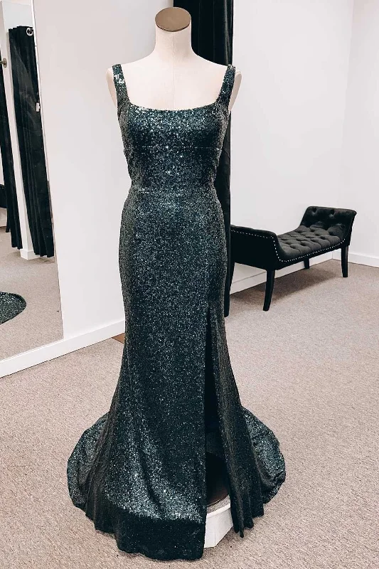 sleeveless dressBlack Sequin Square Neck Backless Mermaid Long Formal Dress with Slit