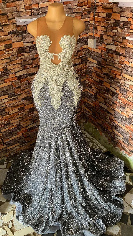 ashionable dressGray sleeveless velvet sequins dress,prom mermaid dress,Long Reception dress,Prom dress,Wedding dress,African women dress,Crew neck dres