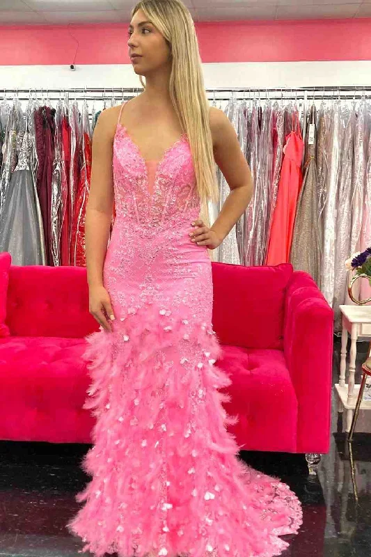 v-neck dressHot Pink Mermaid V Neck Lace Tulle Lace-Up Back Long Prom Dress with Feathers