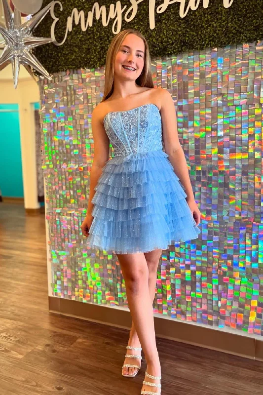 denim dressSweetheart Light Blue A-line Tiered Ruffle Short Dress