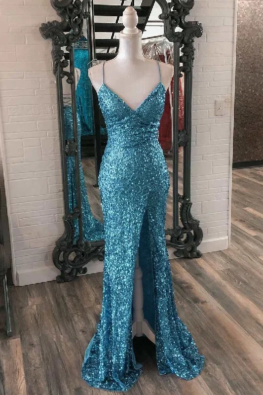 silk dressBlue Sequin V-Neck Lace-Up Mermaid Long Dress with Slit