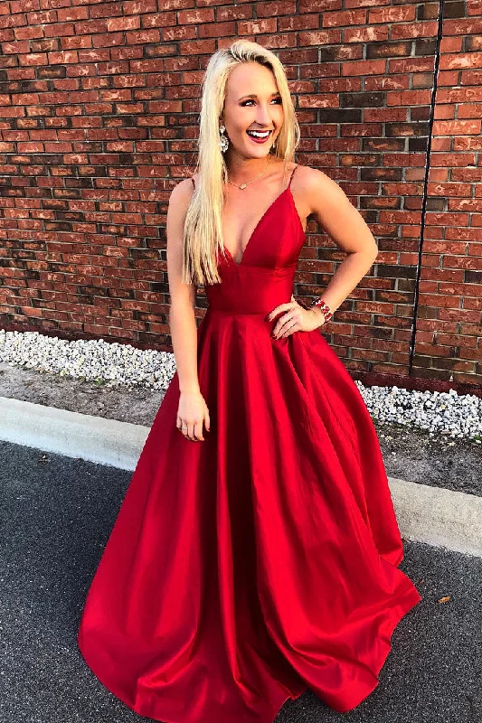 elegant maxi dressSimple Straps A-line Red Long Prom Dress