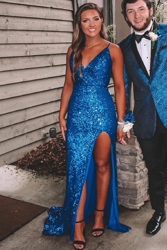 chic slip dressMermaid Blue Sequin Mermaid Long Formal Dress