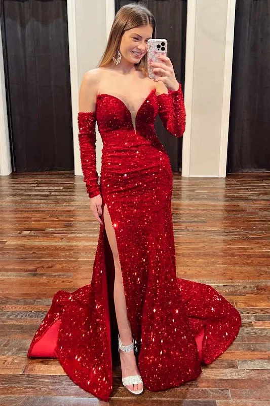 summer dressStrapless Sequin Mermaid Long Formal Dress with Slit