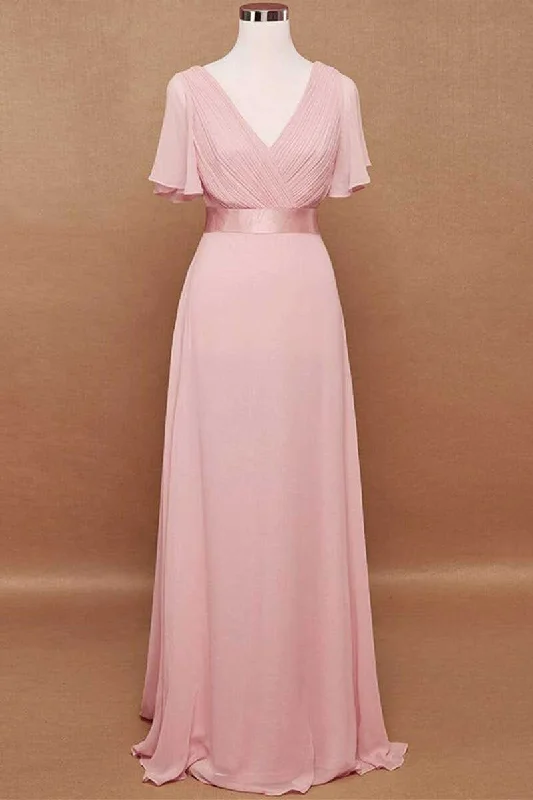 elegant dressPink V-Neck Ruffled A-Line Long Bridesmaid Dress