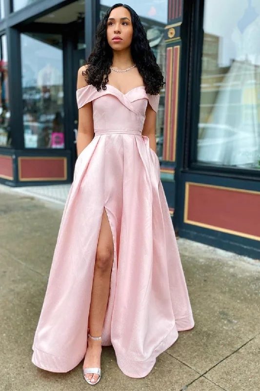 chic dressOff the Shoulder Pink Long Prom Dress with Slit