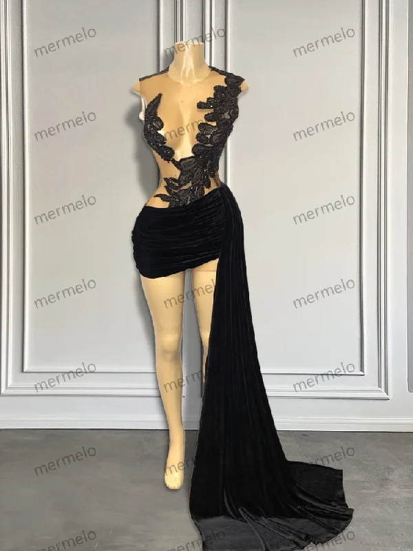 off-the-shoulder dressBlack Mini Birthday Party Cocktail Dress Sexy See Through Appliques Black Girls Short Prom Dress with Side Train Customized