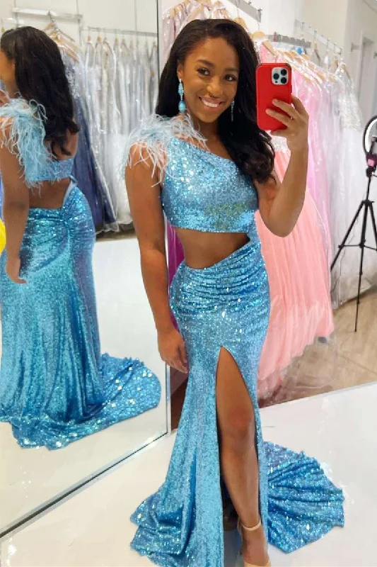 flowy maxi dressBlue Sequin One-Shoulder Cutout Feathers Mermaid Long Prom Gown