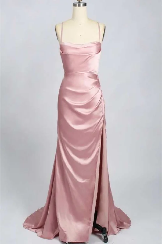 vintage-inspired dressPink Scoop Neck Lace-Up Back Long Formal Dress with Slit