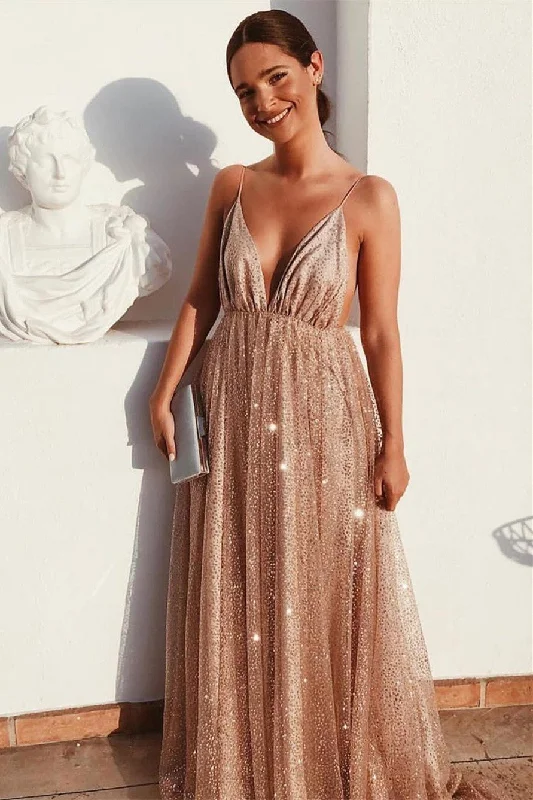 flowy evening dressSparkle Gold Long Formal Gown