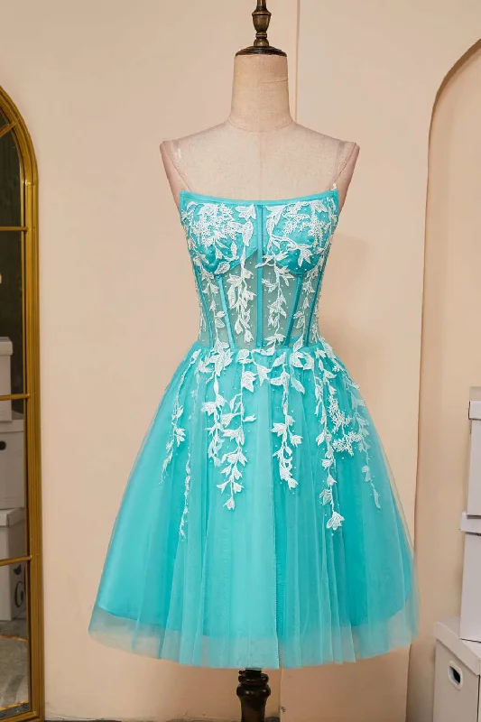 playful dressSky Blue Appliques Strapless A-line Homecoming Dress