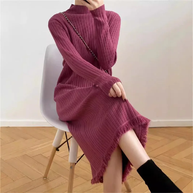 casual summer dressMock Neck Sweater Women's Mid-length Below-the-knee Coat Base Ride Tassel Knitted