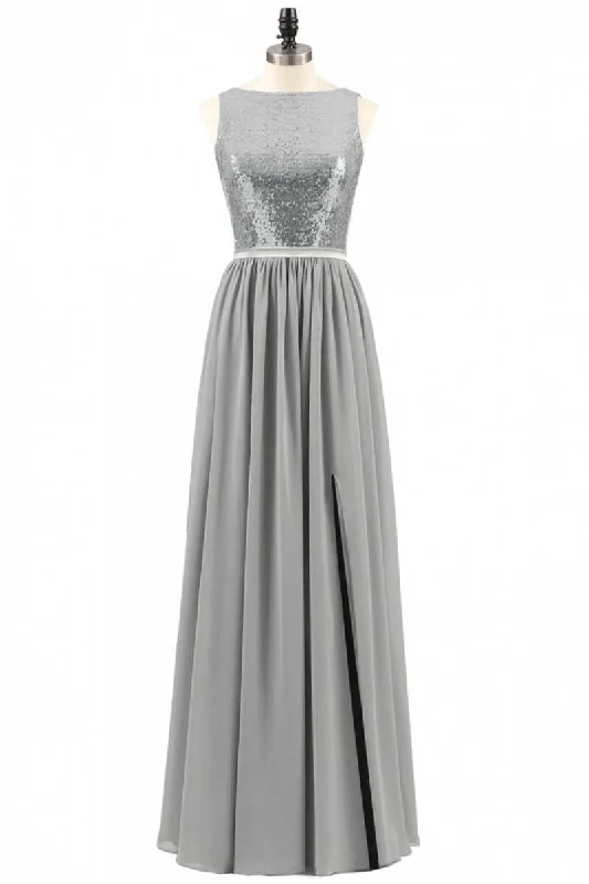 vintage-inspired dressGrey Sequin Bateau Neck Backless A-Line Long Bridesmaid Dress