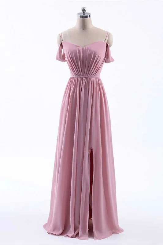 party-ready dressDusty Pink Chiffon Cold-Shoulder A-Line Long Bridesmaid Dress