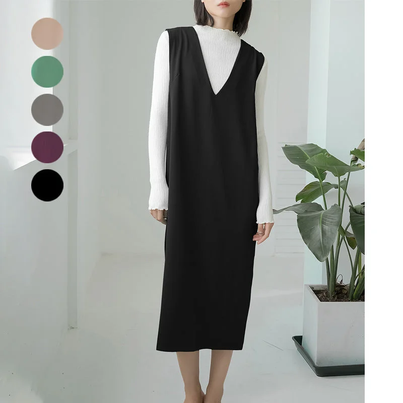 casual summer dressAutumn And Winter Sleeveless V-neck Overknee Long Dress Solid Color