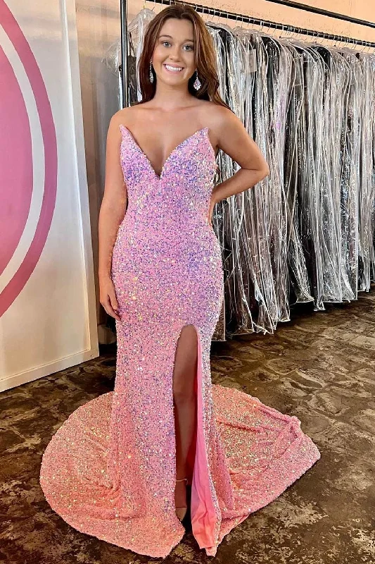 backless dressIridescent Pink Sequin Strapless Mermaid Long Prom Dress with Slit