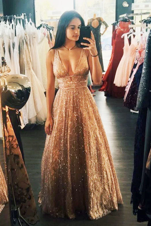 vintage-inspired dressA-Line Floor Length Gold Long Prom Dress