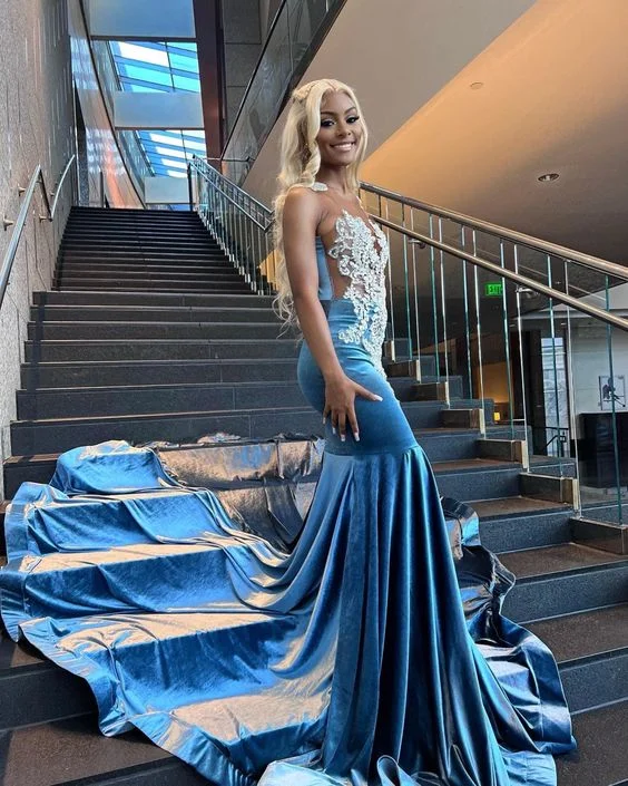 sophisticated dressBaby Blue Mermaid Lace African Prom Dress Evening Dress Y4253