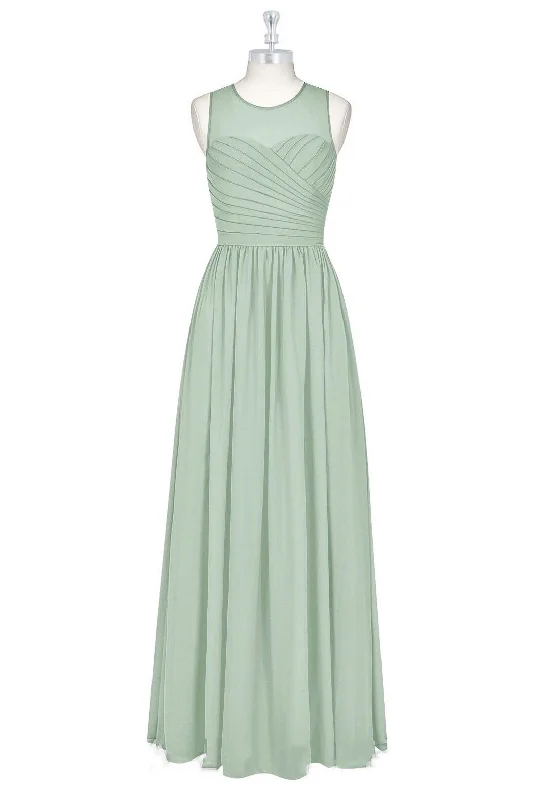 puff sleeve dressSage Green Chiffon Sheer Neck A-Line Long Bridesmaid Dress