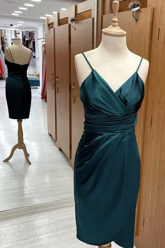 long-sleeve floral dressHunter Green Satin Spaghetti Straps Short Bridesmaid Dress