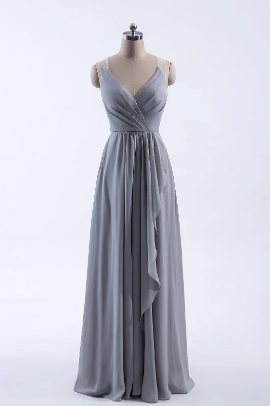 puff sleeve dressSilve Chiffon A-line Ruffles Long Bridesmaid Dress