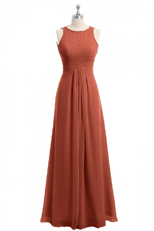 cocktail party dressRust Orange Crew Neck Backless A-Line Long Bridesmaid Dress