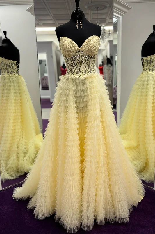 one-shoulder dressYellow Lace-Up Floral Multi-Layers Strapless A-line Long Prom Dress