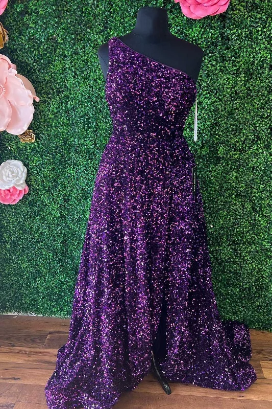 romantic dressPurple Sequin One-Shoulder Backless A-Line Long Prom Dress