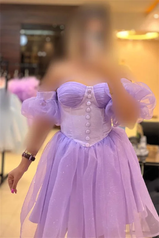 elegant shift dressLavender Off-the-Shoulder A-line Buttons Homecoming Dress