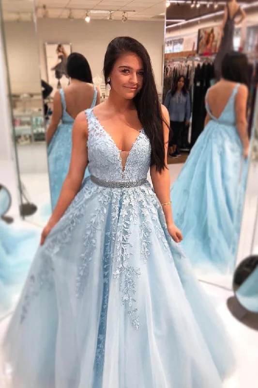 chic shift dressLight Blue Long Prom Dress with Lace Appliques