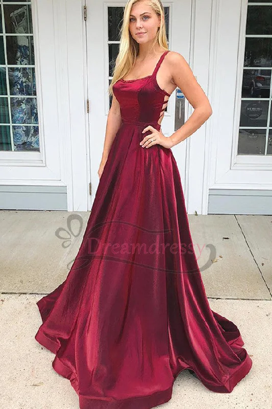 playful dressA-line Straps Wine Red Long Prom Dress