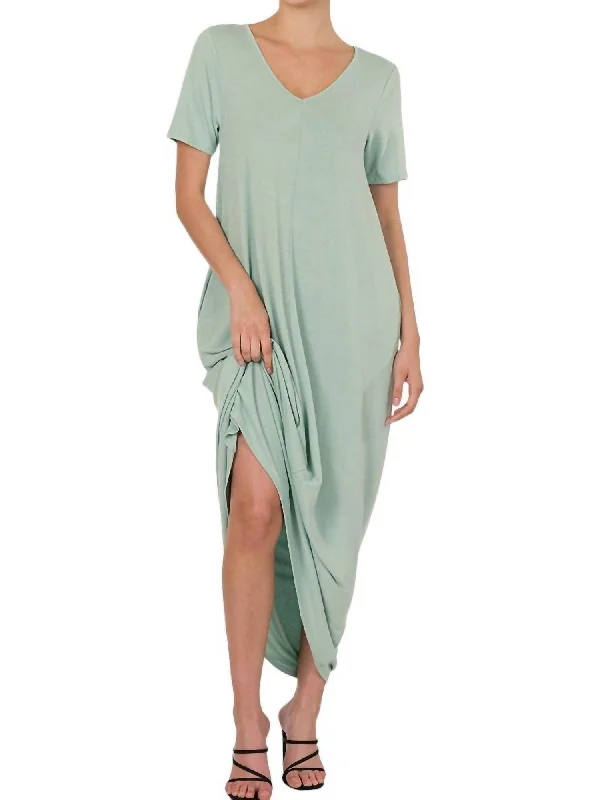 chic slip dressV-Neck Short Sleeve Maxi Dress In Light Sage