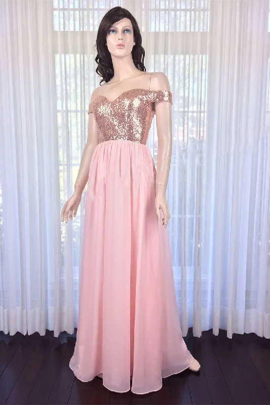 structured dressPink Sequin Off-the-Shoulder Long Bridesmaid Dress