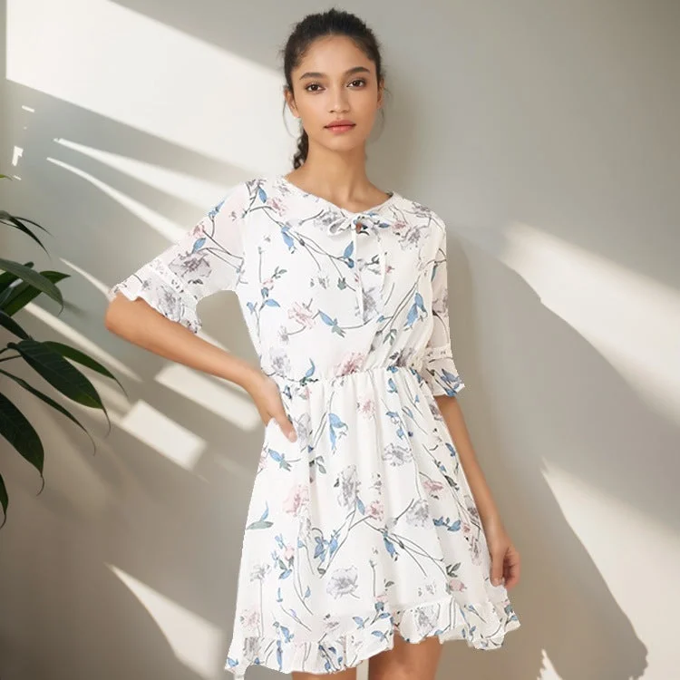 bohemian dressSweet Floral Chiffon Dress Bell Sleeve Slim Fit All-matching A- Line Skirt