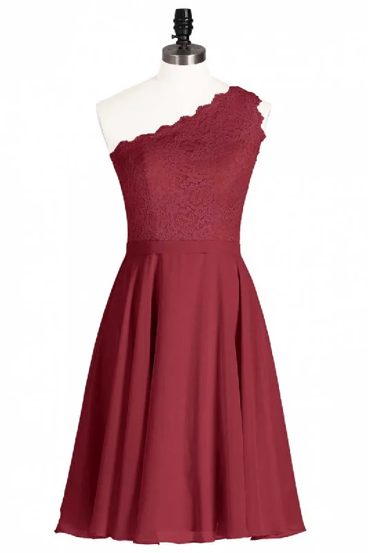 trendy bodycon dressOne-Shoulder Burgundy Lace A-Line Short Bridesmaid Dress