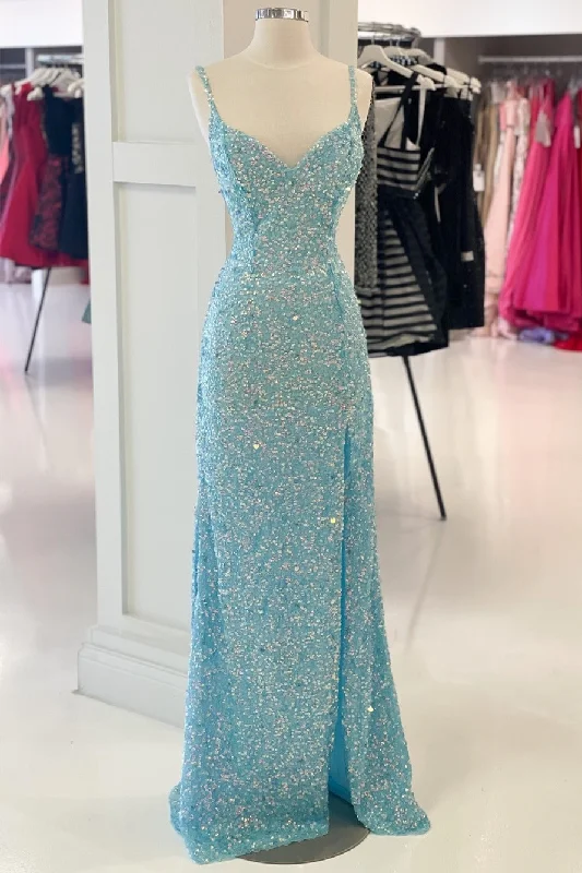 fitted cocktail dressTiffany Blue Sequin Mermaid Long Formal Dress