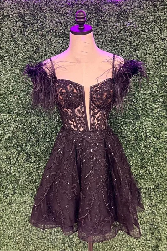 formal dressBlack Off-the-Shoulder Appliques A-line Homecoming Dress with Feathers