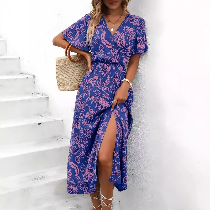 stylish dressWomen's Tropical Printing V-neck Split Dress Women