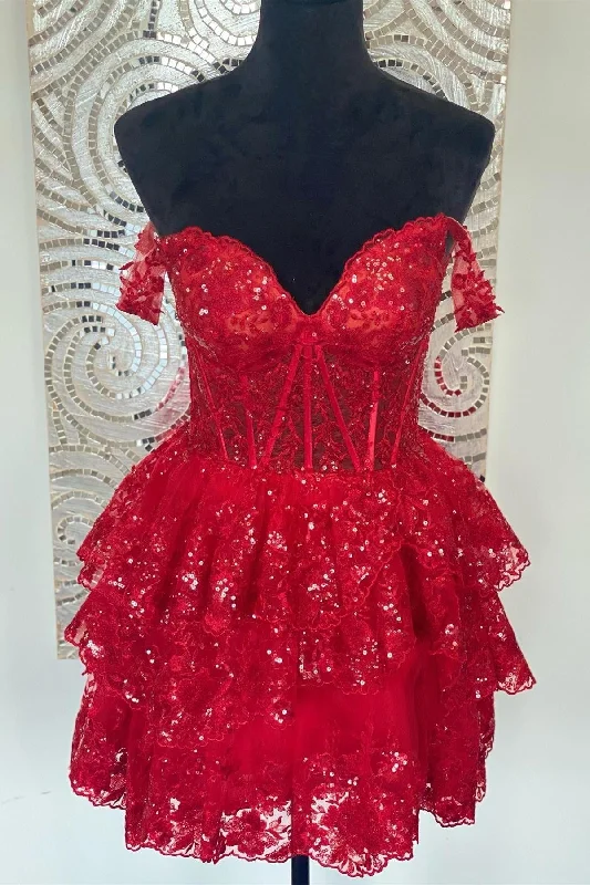 t-shirt dressRed Off-the-Shoulder Lace Multi-Layers Appliques Sequins Homecoming Dress