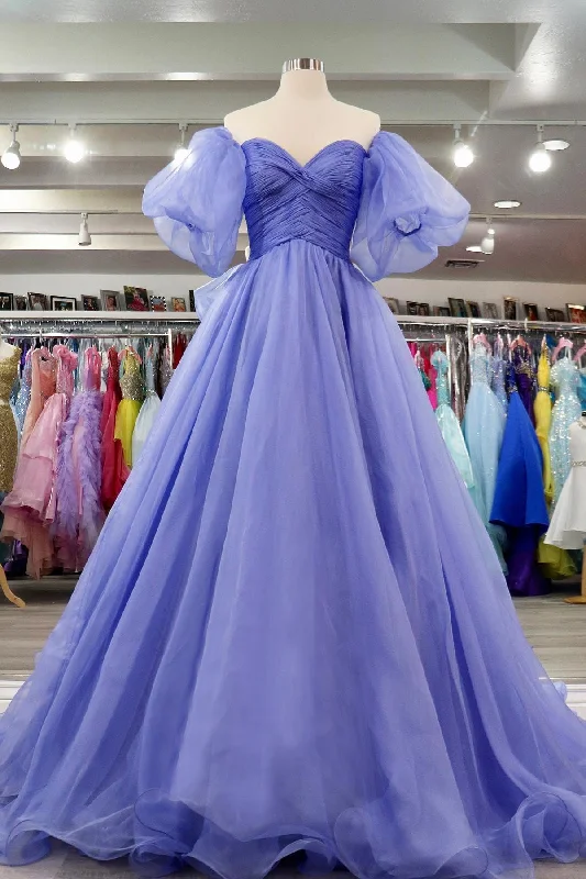 casual day dressLavender Tulle A-line Off-Shoulder Puff Sleeves Pleated Long Prom Dress