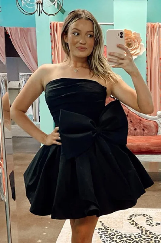 summer dressBlack Strapless A-line Satin Homecoming Dress with Bow