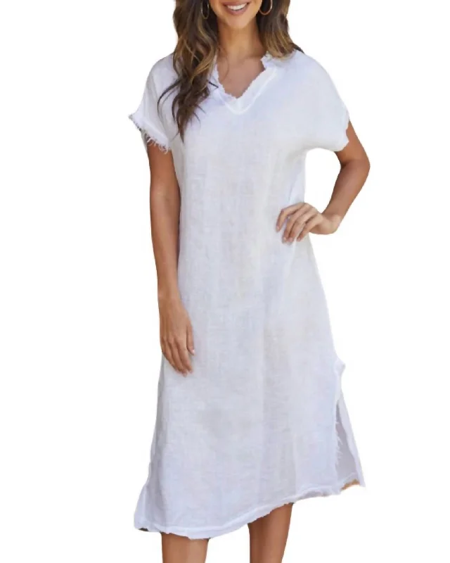 chic shift dressLinen Frayed Dress In White