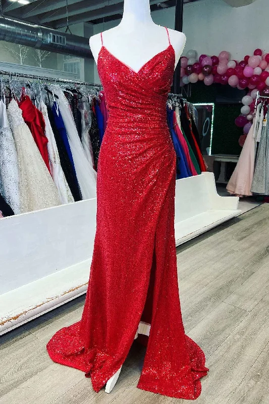 formal dressRed Sequin Lace-Up Back Mermaid Long Prom Dress with Slit