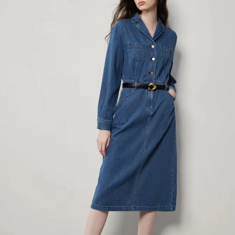 bohemian dressMid-Length Denim A-Line Dress with Lapel Collar and Long Sleeves