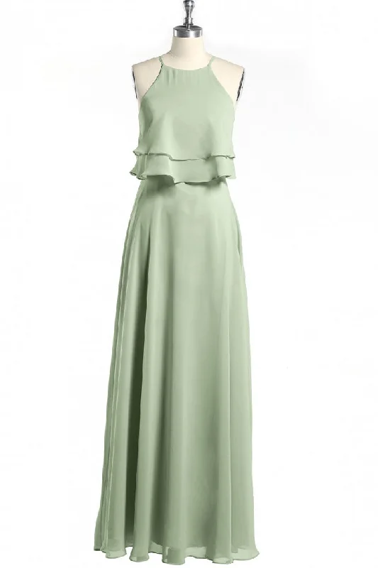 mini dressSage Green Chiffon Halter Ruffle A-Line Long Bridesmaid Dress