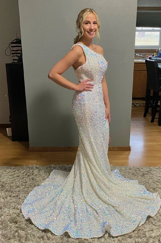 chic slip dressIvory Mermaid One Shoulder Sequins Sweeping Long Prom Dress with Slit